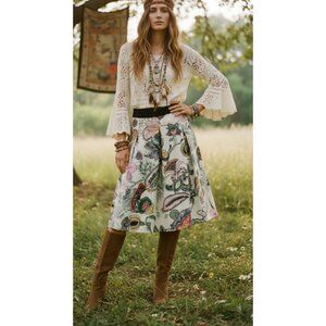 NWT Roberta Scarpa Whimsical Paisley Floral Elastic Waist Pleated Skirt Size 2